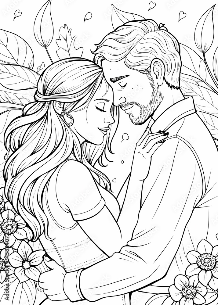 Obraz premium Romantic Couple Embracing Amidst Nature Coloring Page for Love and Serenity