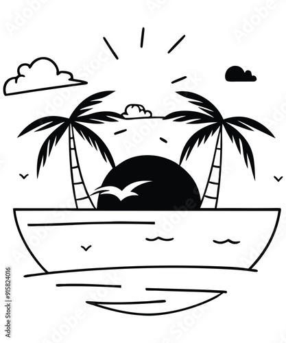 Tropical beach with beautiful sunset view and palm trees, sketch style drawing, black and white vector illustration
