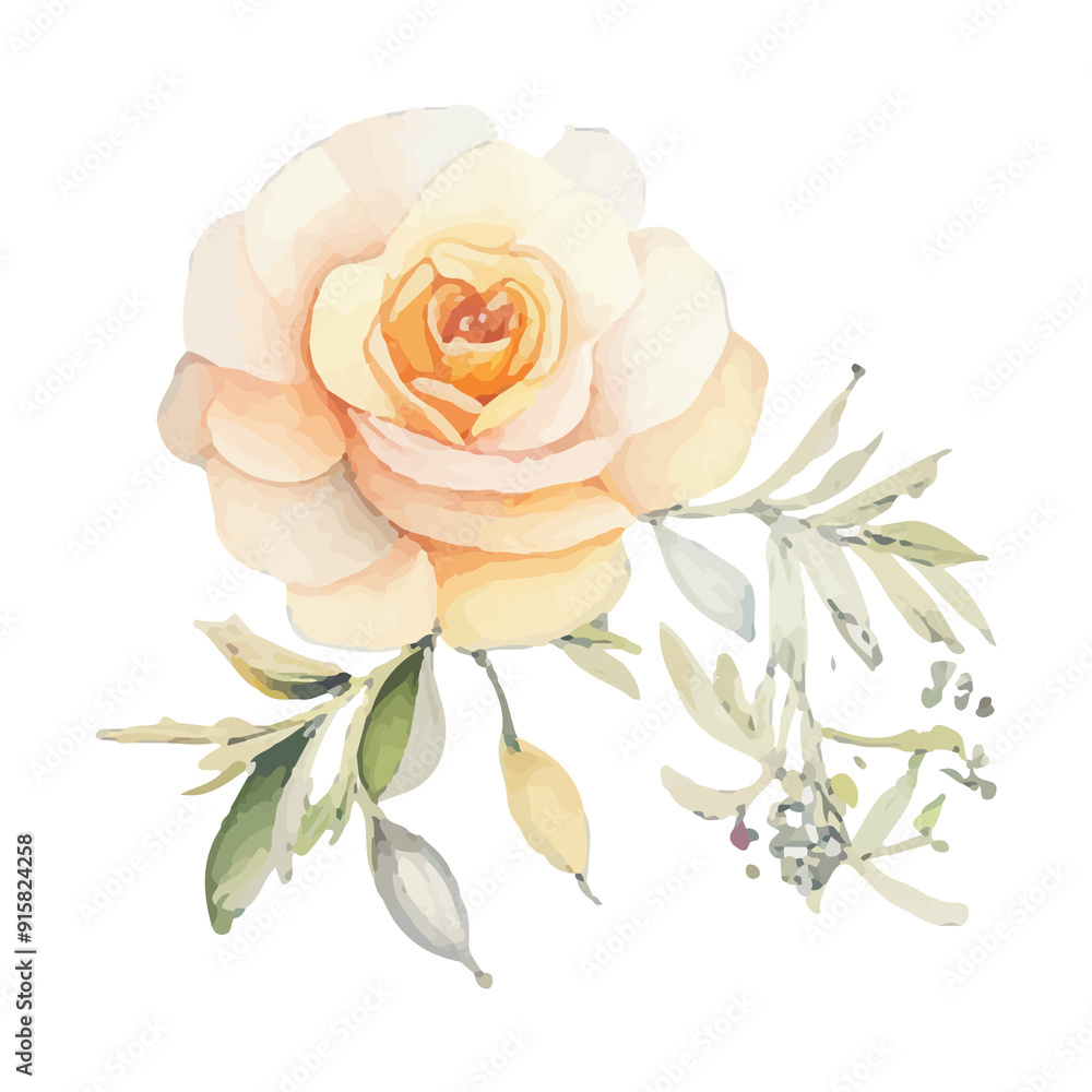 Watercolor painting of a single pale peach rose with green foliage. Watercolor painting of a single pale peach rose with green foliage.