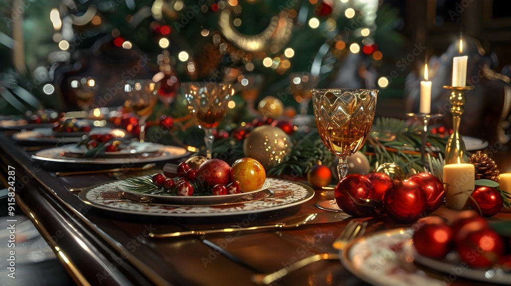 Elegant Holiday Dinner Table Setting with Festive and Seasonal Fare