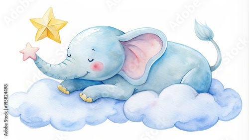 Dreamy Watercolor Elephant on Cloud with Star - Watercolor Illustration, Cute Animal, Nursery Decor, Baby Shower, Sleep Time, Fantasy, Sweet Dreams