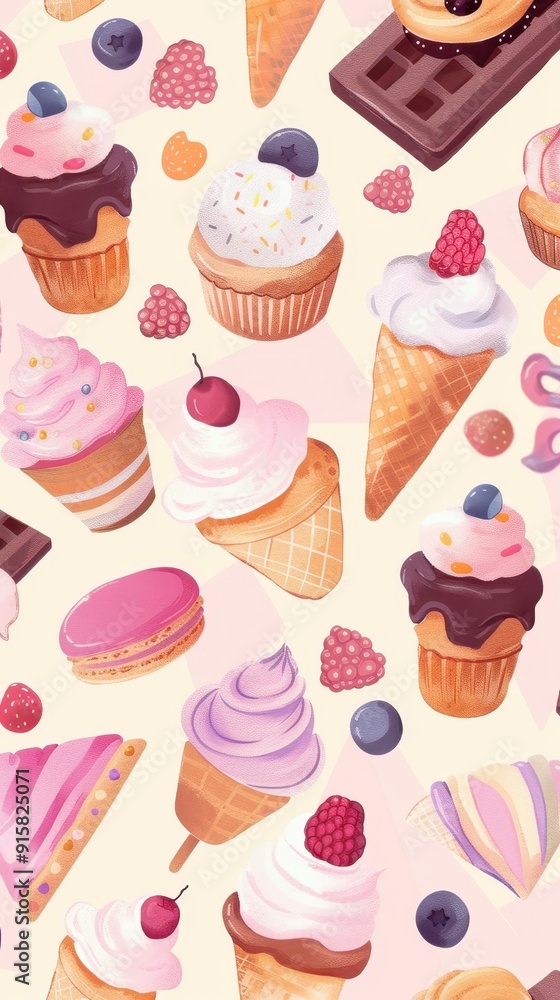 A delightful mix of cupcakes, ice cream cones, and macarons arranged in a whimsical pattern A delightful mix of cupcakes, ice cream cones, and macarons arranged in a whimsical pattern