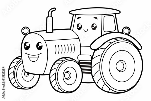 Coloring page for kids, cute 1930's tractor, thick black lines and white surface areas vector illustration 