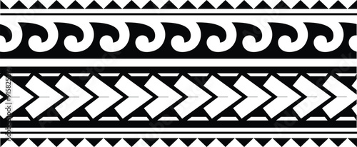 Polynesian pattern tribal tattoo border. Tribal tattoo geometric fore arm samoan band.Tattoo eps forearm samoan sleeve bracelet.Fabric seamless isolated hawaiian pattern on white background.