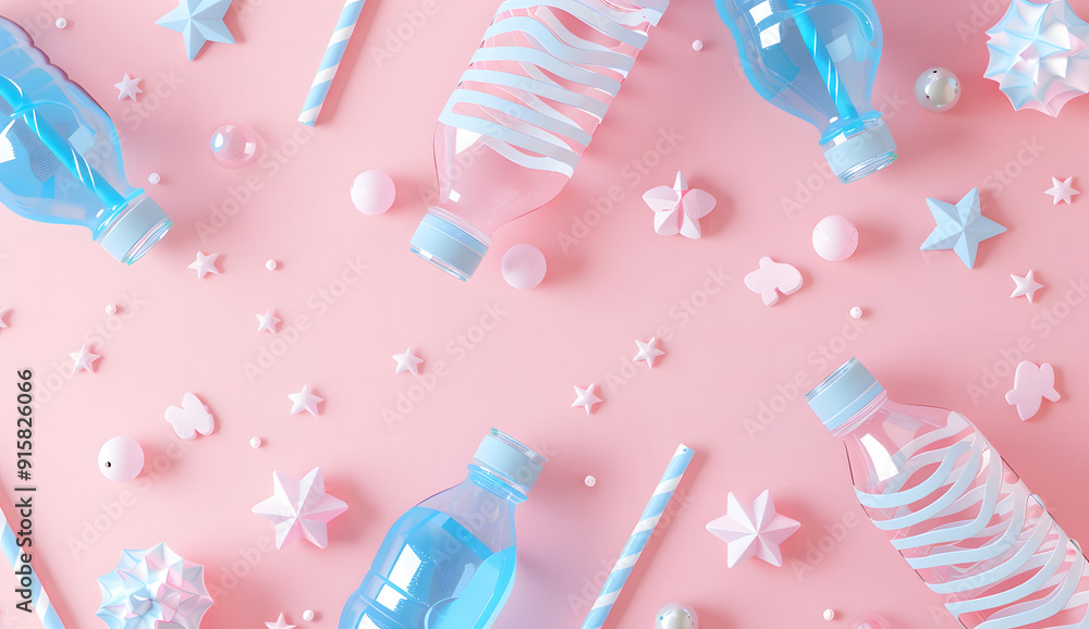 A vibrant, pastel-themed flat-lay composition featuring stylized drink cups, tropical fruits, and playful decor items arranged on a soft pink background. The cups, adorned with light blue and pink pat A vibrant, pastel-themed flat-lay composition featuring stylized drink cups, tropical fruits, and playful decor items arranged on a soft pink background. The cups, adorned with light blue and pink pat