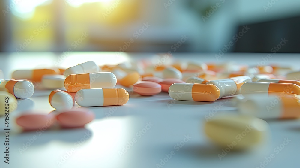 multi-colored pills close-up on the table. Selective focus multi-colored pills close-up on the table. Selective focus