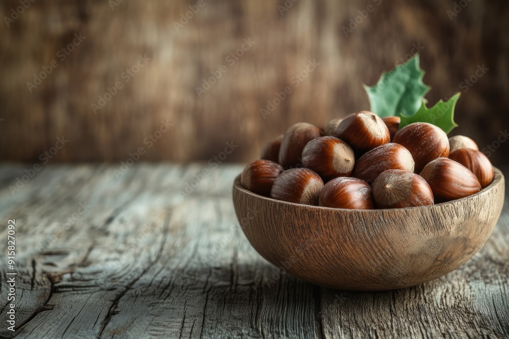 A wooden bowl full of hazelnuts on a wooden table A wooden bowl full of hazelnuts on a wooden table