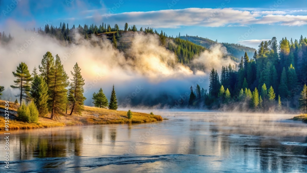 Fototapeta premium Fog layers rolling along top of Yellowstone River, fog, layers, rolling, Yellowstone River, misty, nature, landscape, tranquil