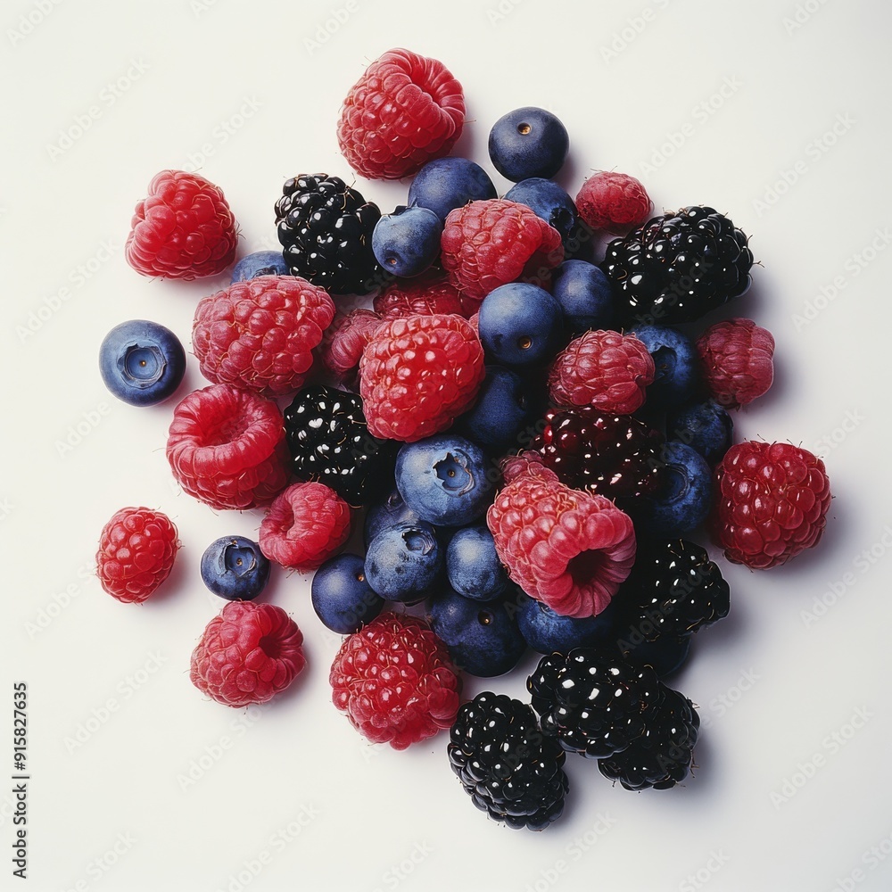 A medium shot of assorted fresh berries, including blueberries, raspberries, and blackberries, on a white background. A medium shot of assorted fresh berries, including blueberries, raspberries, and blackberries, on a white background.