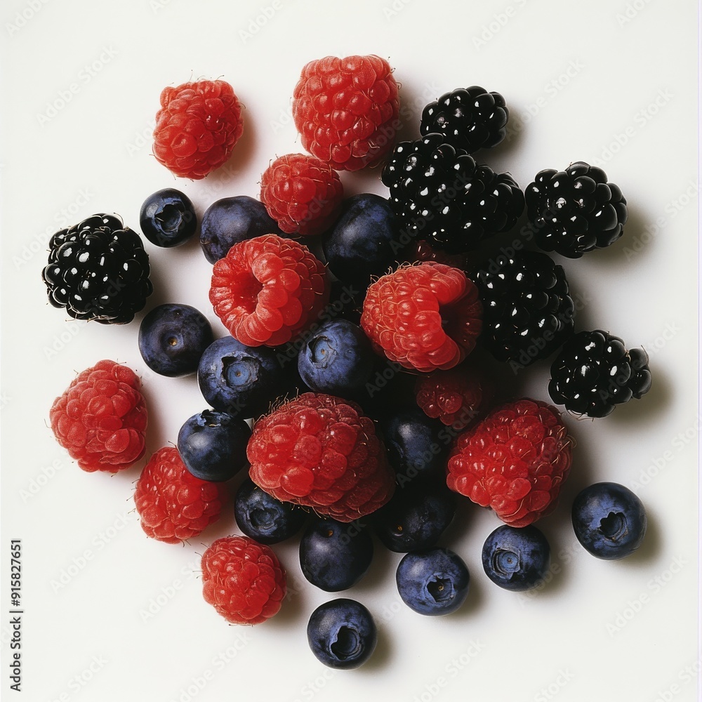 A medium shot of assorted fresh berries, including blueberries, raspberries, and blackberries, on a white background. A medium shot of assorted fresh berries, including blueberries, raspberries, and blackberries, on a white background.