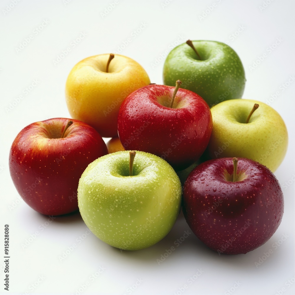 A medium shot of a variety of apples, including red, green, and yellow, isolated on a white background. A medium shot of a variety of apples, including red, green, and yellow, isolated on a white background.