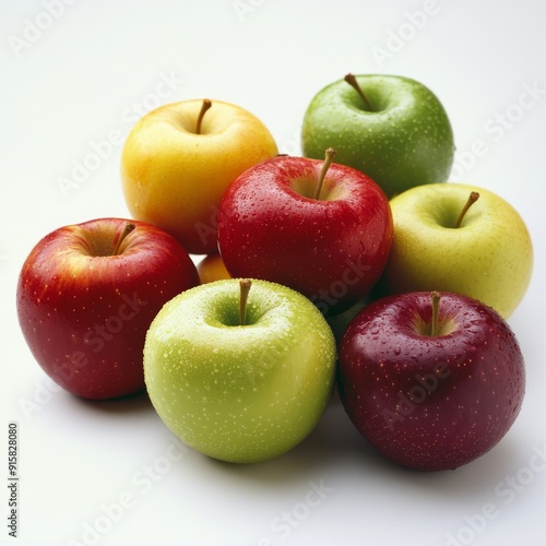 A medium shot of a variety of apples, including red, green, and yellow, isolated on a white background.