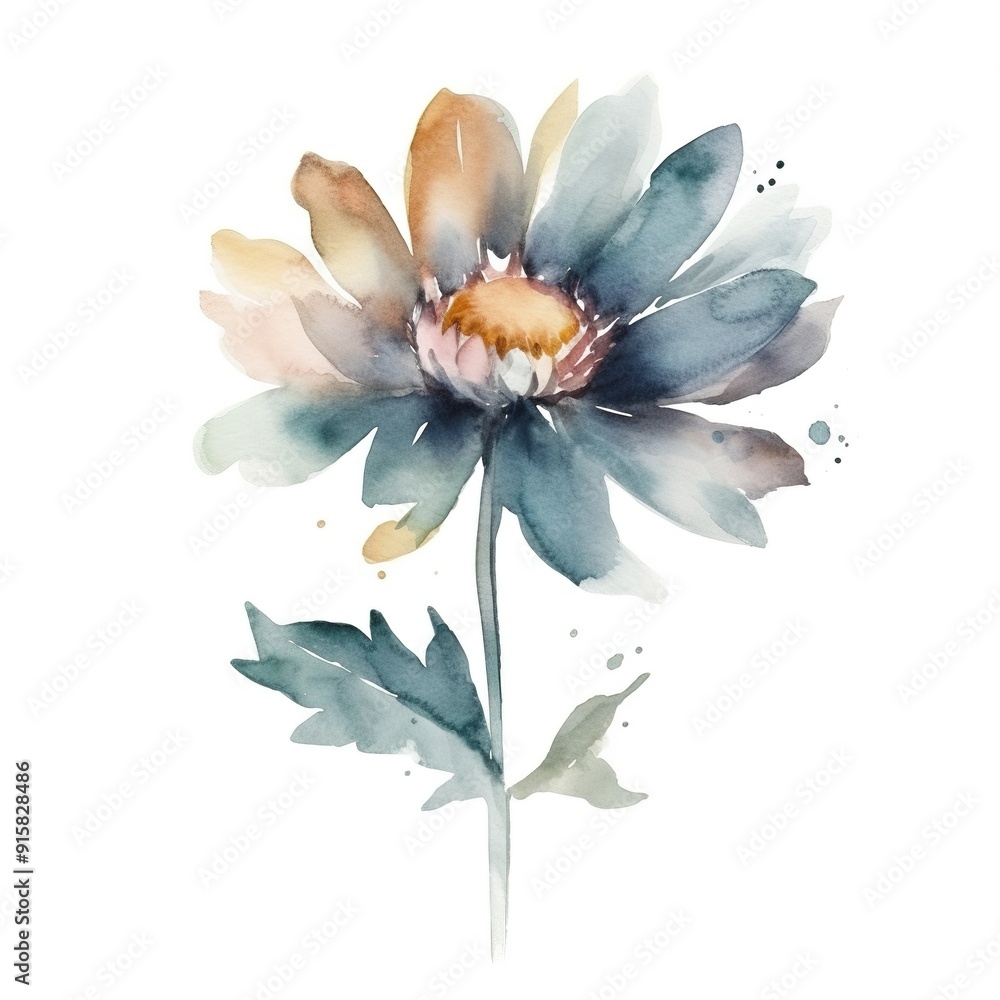 Watercolor painting of a single, blue flower with a yellow center. Watercolor painting of a single, blue flower with a yellow center.