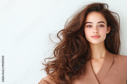 Close-up portrait of a woman with voluminous long brown hair wearing a beige top, looking at the camera. Studio shot against a light background. Fashion and beauty concept. Design for marketing materi photo