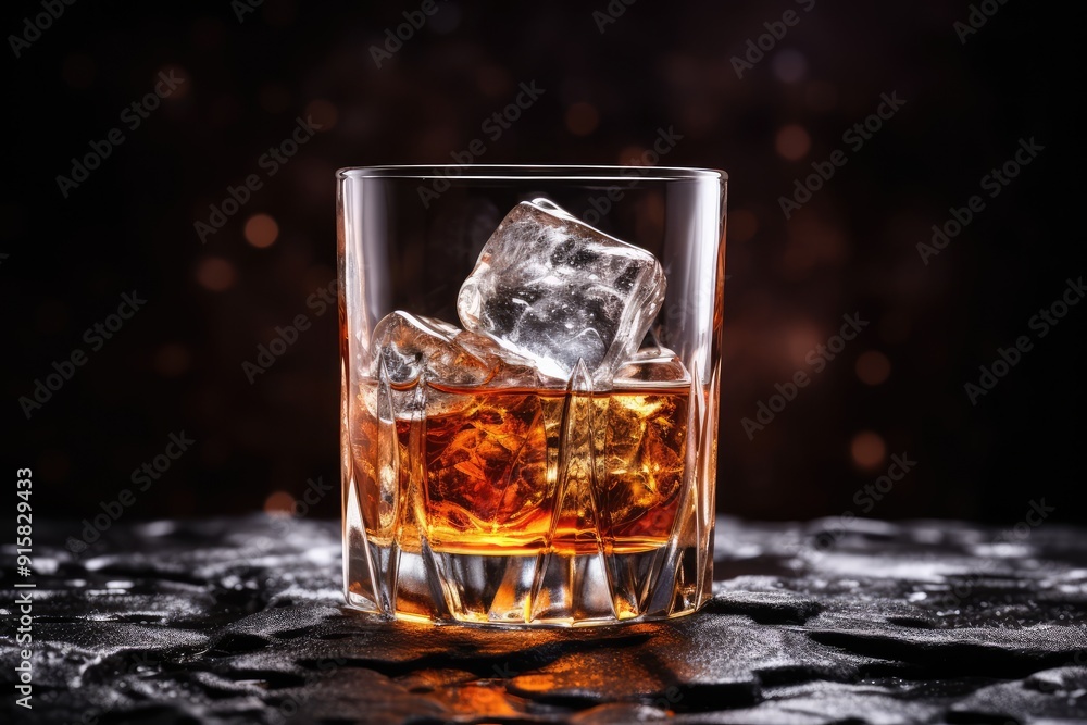 Iced Whiskey Glass on Black Stone Background, Luxury Bourbon with Ice Cubes, Cold Brandy, Whisky Iced Whiskey Glass on Black Stone Background, Luxury Bourbon with Ice Cubes, Cold Brandy, Whisky