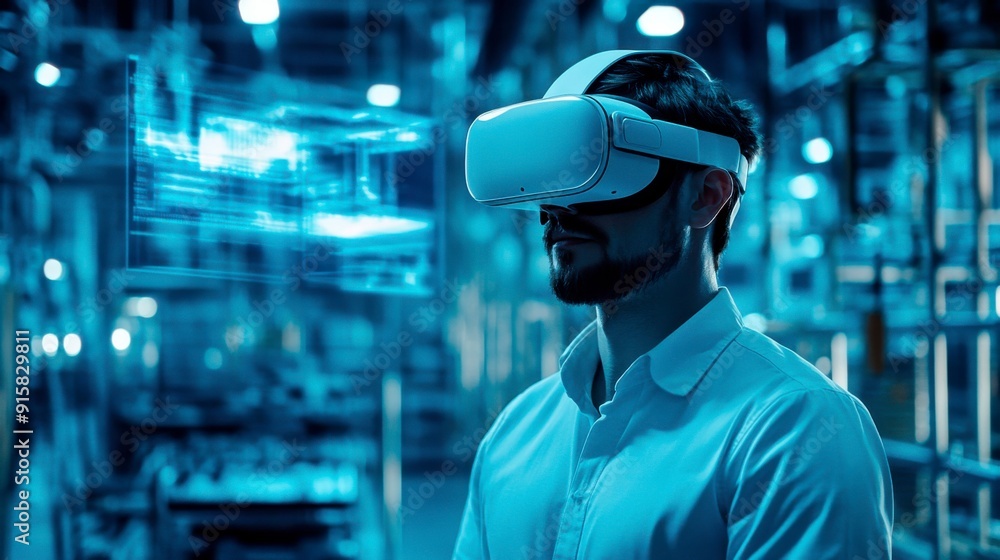 Engineer in a white VR headset at a high-tech factory. The future of manufacturing and innovation Engineer in a white VR headset at a high-tech factory. The future of manufacturing and innovation