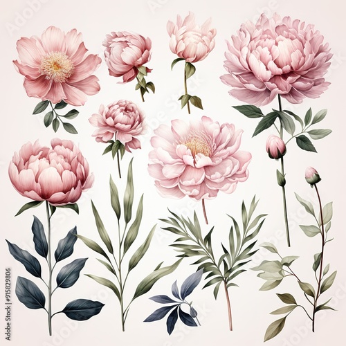 Watercolor illustration of pink peonies with green leaves.