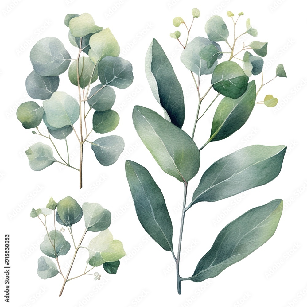Watercolor illustration of eucalyptus branches with green leaves. Watercolor illustration of eucalyptus branches with green leaves.