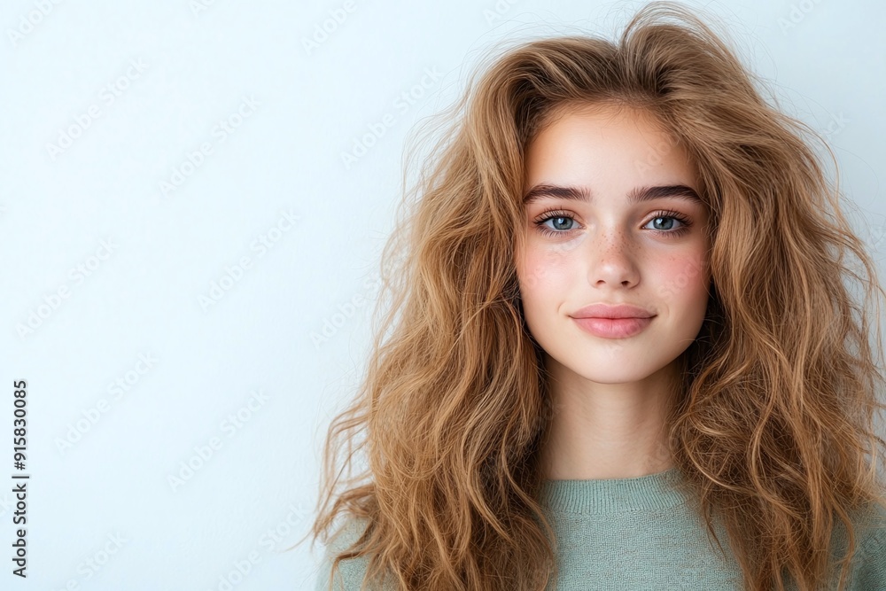Smiling young woman with voluminous wavy hair, perfect for beauty advertising, lifestyle blogs, or fashion editorials, showcasing natural beauty and a confident expression. Smiling young woman with voluminous wavy hair, perfect for beauty advertising, lifestyle blogs, or fashion editorials, showcasing natural beauty and a confident expression.