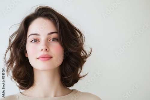 Elegant young woman with a soft curly bob, ideal for beauty promotions, fashion campaigns, or lifestyle content, highlighting a fresh and natural look with understated sophistication.