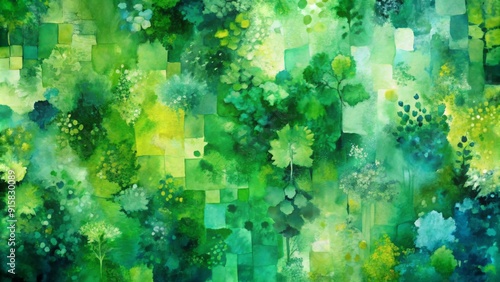 Watercolor Abstract Lush Green Foliage, Organic Shapes, and Geometric Patterns - Nature, Art, Abstract, Background