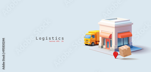 Truck, shop building, boxes, location, 3D. Logistics, delivery of goods, orders. Online store, warehouse. Merchandise. Vector illustration.