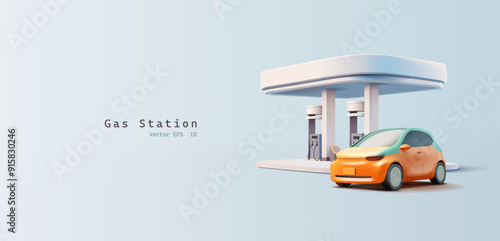 Gas station building and car, 3D. Realistic modern image for advertising and branding of oil products, gas station business, quality fuel, sale, price. Vector illustration.