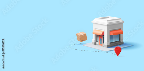 Store building, boxes, location, 3D. Ordering, logistics and delivery of goods from your warehouse. Store location. Business profits, trade. Vector illustration.