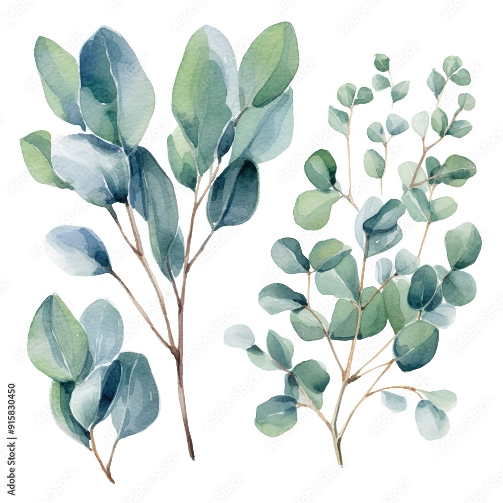 Watercolor illustration of eucalyptus branches with green leaves. Watercolor illustration of eucalyptus branches with green leaves.