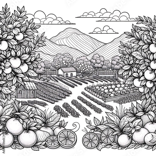 Wallpaper Mural Black and white line art style image of a garden with oranges for coloring book. Torontodigital.ca