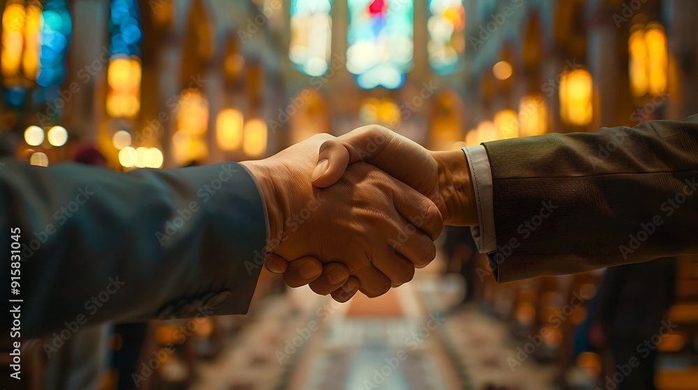 A detailed photo of a handshake during the peace offering in a church ...