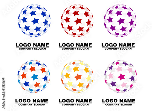 Six spherical logos with colorful star patterns and customizable text