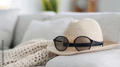 Sunhat and Sunglasses on White Couch by Window in Bright Living Room