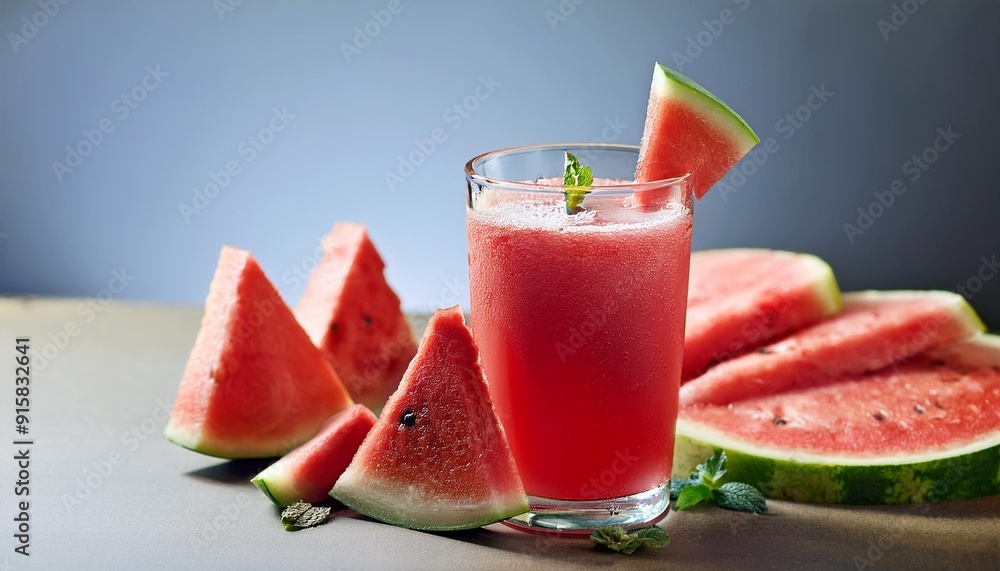 A glass of watermelon juice with fruit pieces A glass of watermelon juice with fruit pieces