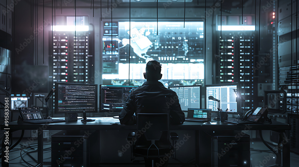 A male IT worker sits at his desk in front of computer monitors and looking computer screen, seen from behind and looking over the of an AI system that processes data on monitor displaying code
A male IT worker sits at his desk in front of computer monitors and looking computer screen, seen from behind and looking over the of an AI system that processes data on monitor displaying code