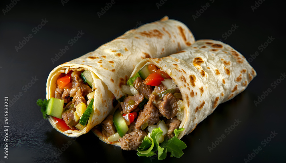 Burritos wraps with beef and vegetables on black background. Beef burrito, mexican food Burritos wraps with beef and vegetables on black background. Beef burrito, mexican food