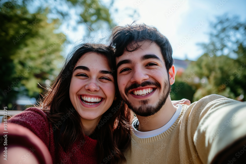 A couple taking a selfie outdoors, both smiling brightly, capturing a joyful moment together under a bright blue sky. A couple taking a selfie outdoors, both smiling brightly, capturing a joyful moment together under a bright blue sky.