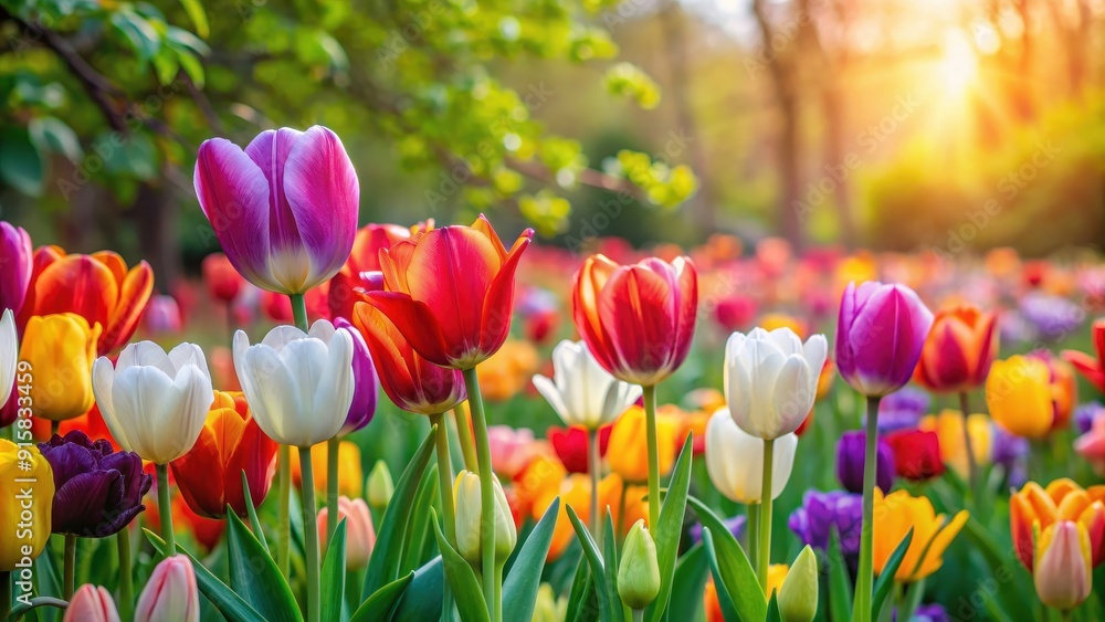 Colorful tulips in a vibrant garden setting, spring, flowers, bloom, nature, outdoor, beauty, vibrant, garden, planting Colorful tulips in a vibrant garden setting, spring, flowers, bloom, nature, outdoor, beauty, vibrant, garden, planting