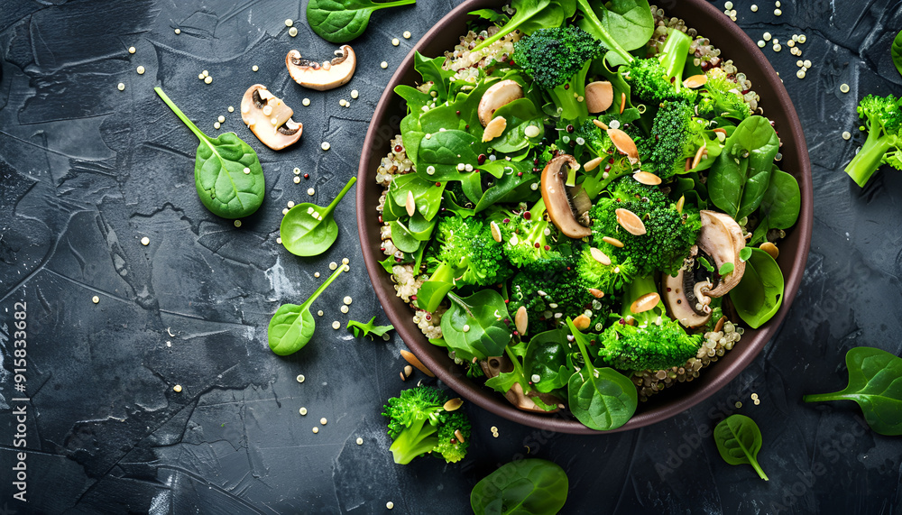 Dietary menu. Healthy vegan salad of vegetables - broccoli, mushrooms, spinach and quinoa in a bowl. Flat lay. Top view Dietary menu. Healthy vegan salad of vegetables - broccoli, mushrooms, spinach and quinoa in a bowl. Flat lay. Top view
