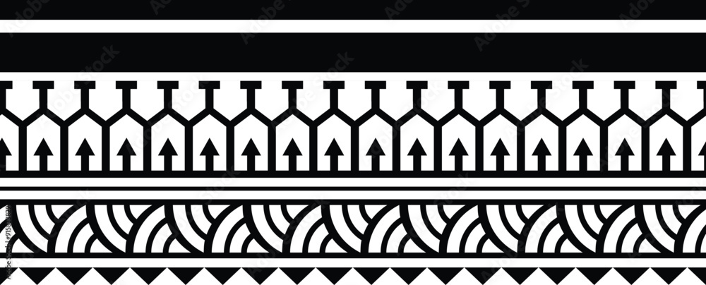 Polynesian tattoo design tribal border. Tribal design ethnic ornament maori band. Samoan Tattoo ribbon sleeve bracelet. Fabric seamless isolated hawaiian armband pattern on white background. Polynesian tattoo design tribal border. Tribal design ethnic ornament maori band. Samoan Tattoo ribbon sleeve bracelet. Fabric seamless isolated hawaiian armband pattern on white background.