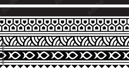 Polynesian tattoo design tribal border. Tribal design ethnic ornament maori band. Samoan Tattoo ribbon sleeve bracelet. Fabric seamless isolated hawaiian armband pattern on white background.