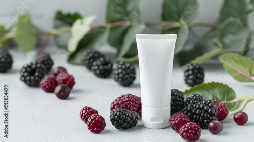 Raspberries and Blackberries Surrounding a White Container on Light Gray Surface