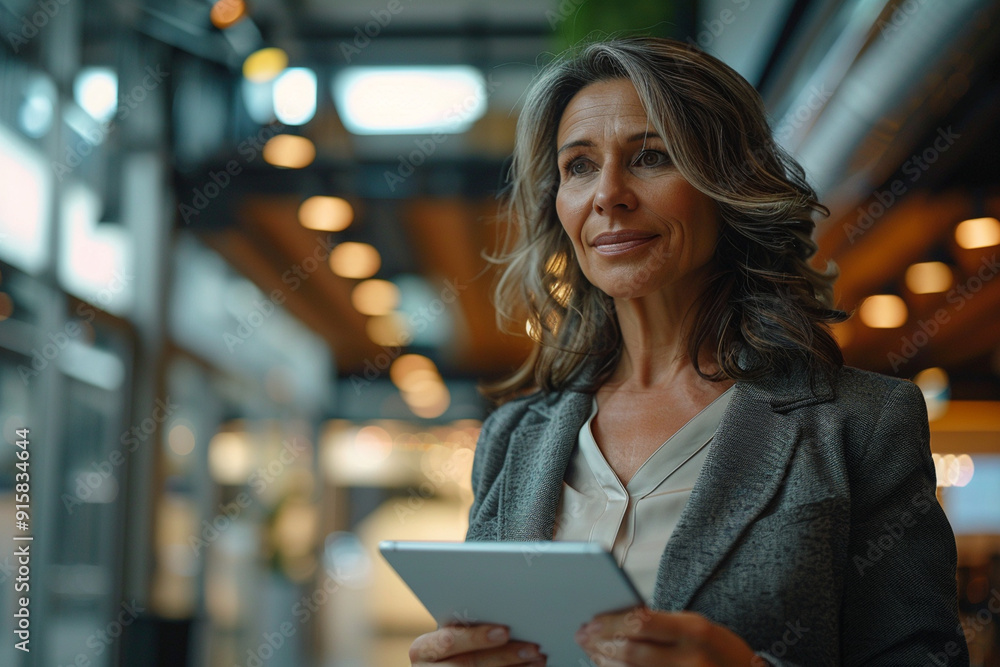 Fototapeta premium Confident Latin Hispanic Businesswoman Using Fintech App on Digital Tablet in Office