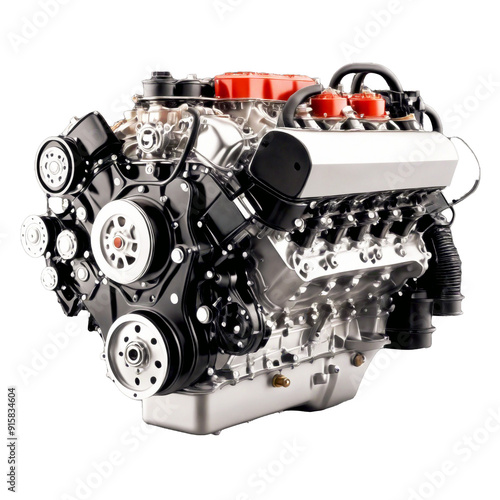 Car engine with gold pistons, valves, and red and black engine block. Transparent background.
