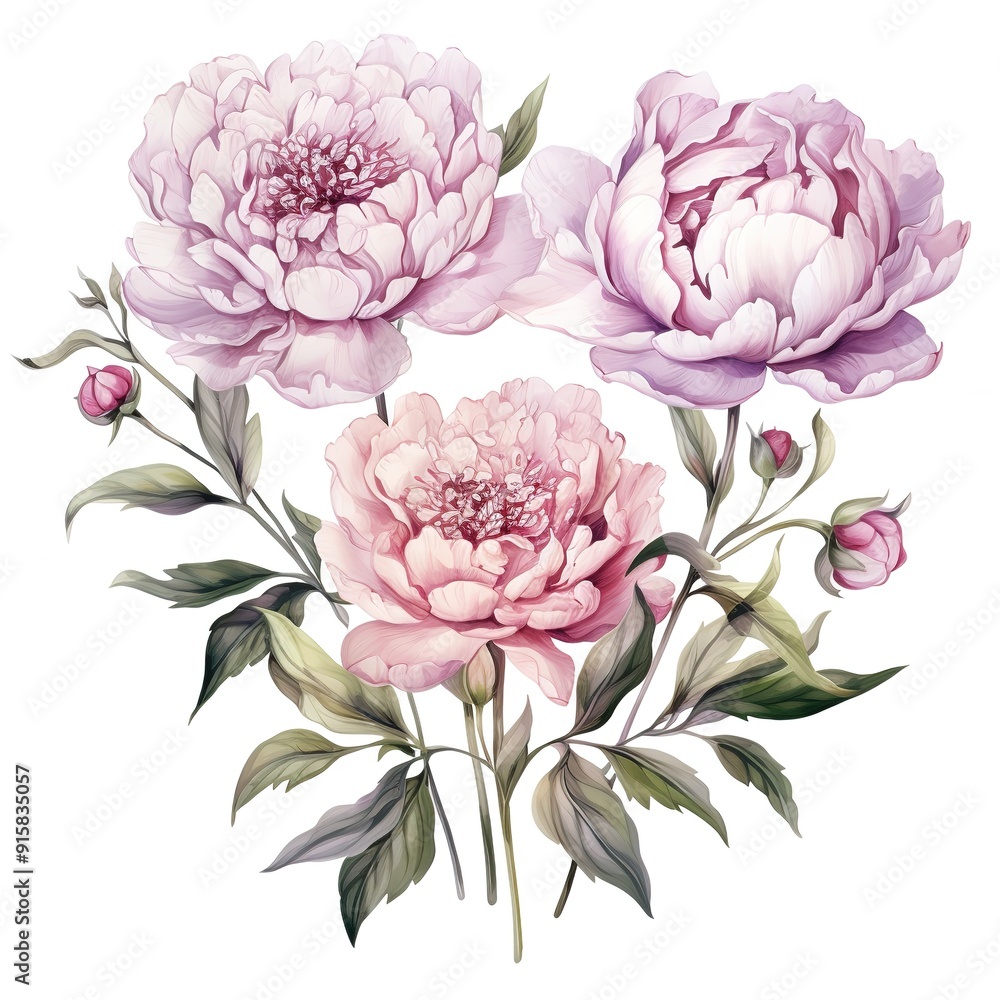 Watercolor illustration of pink peonies with green leaves. Watercolor illustration of pink peonies with green leaves.