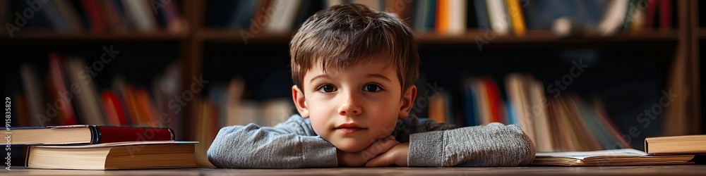 a boy reads a book on the background of a library. Selective focus a boy reads a book on the background of a library. Selective focus