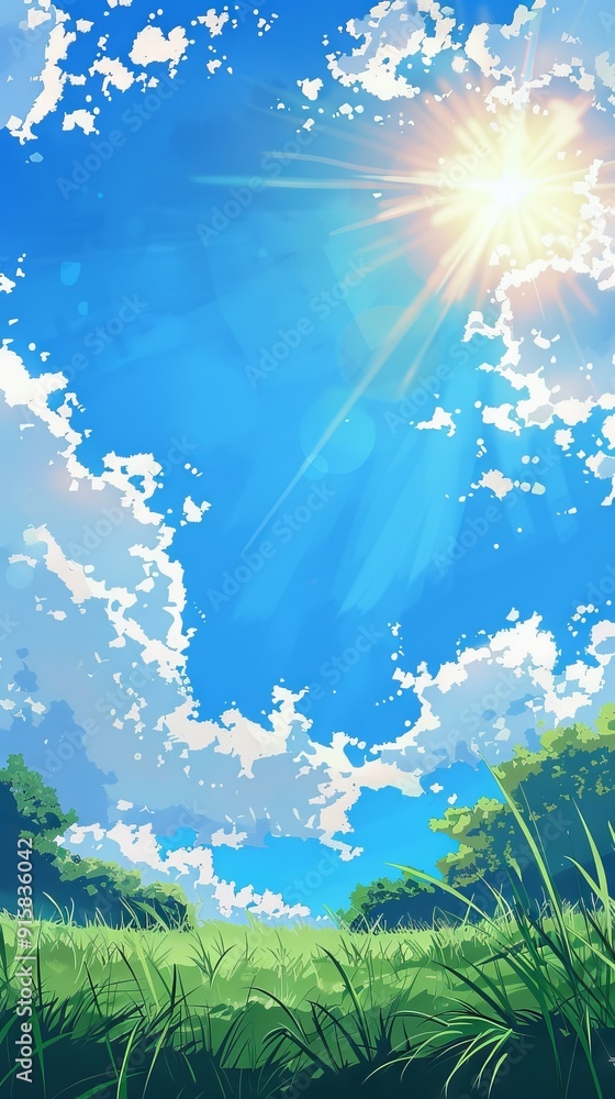 Sunny day weather on beautiful blue sky and green grass. Japanese illustration style. Sunny day weather on beautiful blue sky and green grass. Japanese illustration style.
