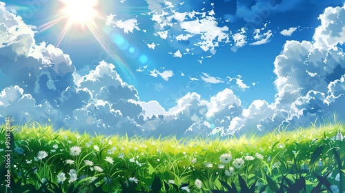 Sunny day weather on beautiful blue sky and green grass. Japanese illustration style.