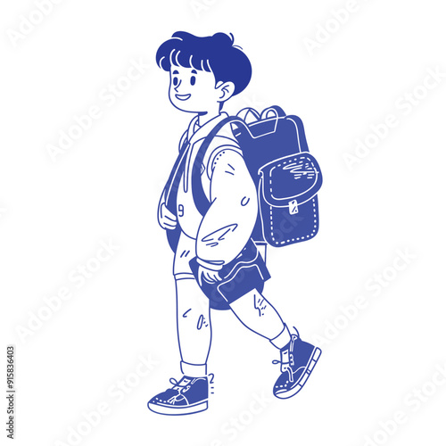 Cute cartoon schoolboy walking with a backpack, blue and white illustration.