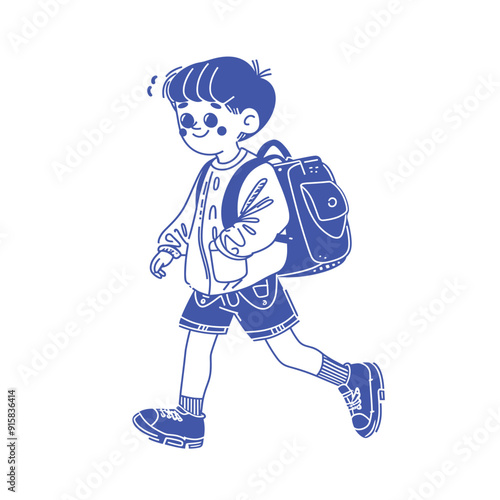 Cute cartoon schoolboy walking with a backpack, blue and white illustration.